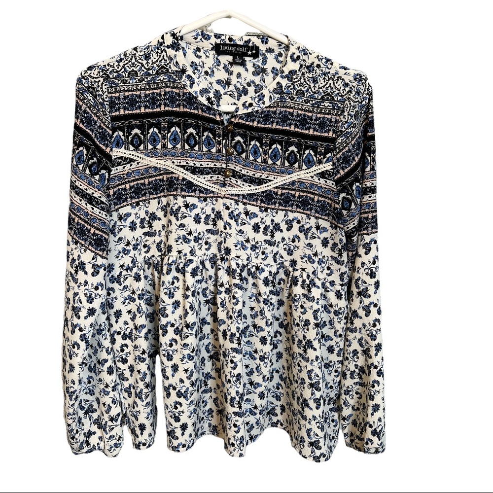 Living Doll Blue & White Floral Tunic Top Size Large